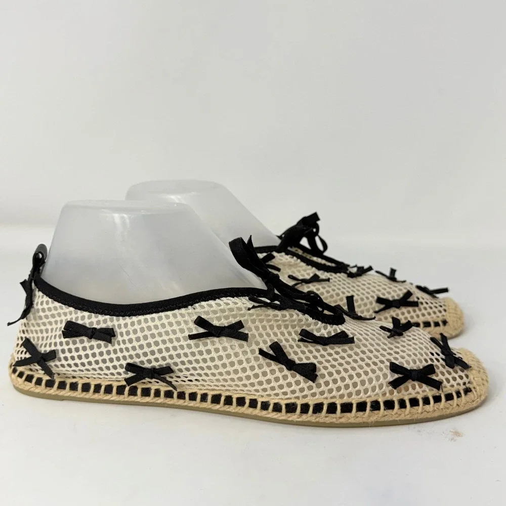 Tory Burch Mesh Bow Espadrille Flats Cream Black Womens 9M Slip On Shoes